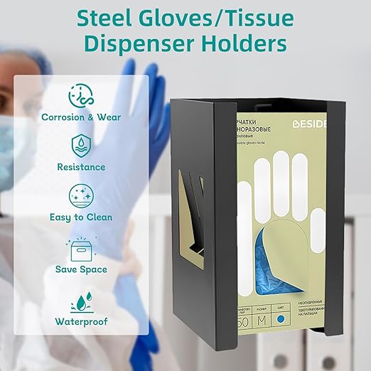 2Pcs Magnetic Box Glove Holder, Glove Dispenser Wall Mount Black, Magnetic Tool Rack for Rubber Gloves Tissue, Disposable Glove Organizer of Lab, Pack of 2
