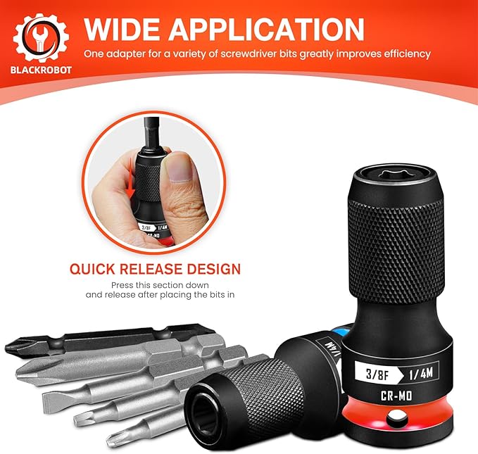 BLACKROBOT 2PCS Quick Release Impact Bit Holders 1/2-Inch & 3/8-Inch Square Drive to 1/4-Inch Hex Socket Adapter, CR-MO Steel