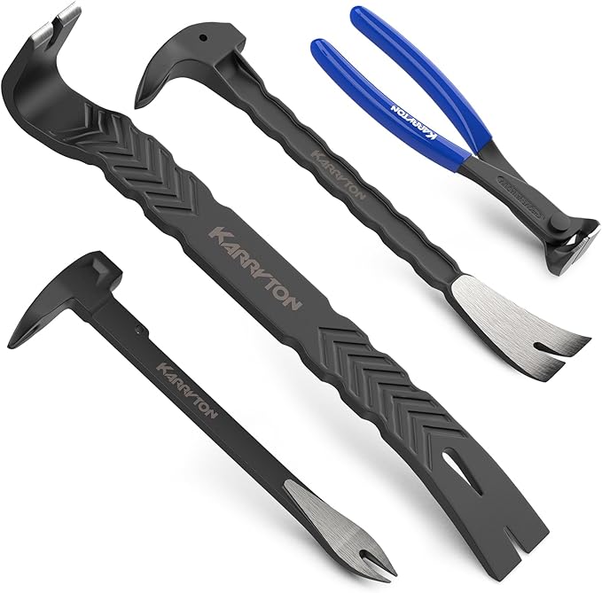4-Piece Heavy-Duty Pry Bar Set ??12" & 10" Utility Claw Pry Bars, 15" Flat Pry Bar, 8" End Cutting Pliers | CR-V Steel Nail Puller Tool with Hammer-Function & Ergonomic Grip