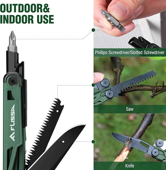FLISSA Multitool, 15-in-1 Multi Tool Pocket Knife with Sheath, Stainless Steel EDC Multitool Pliers for Men, All-in-One Tools for Camping, Fishing, Survival ??Ideal Christmas Gift for Man