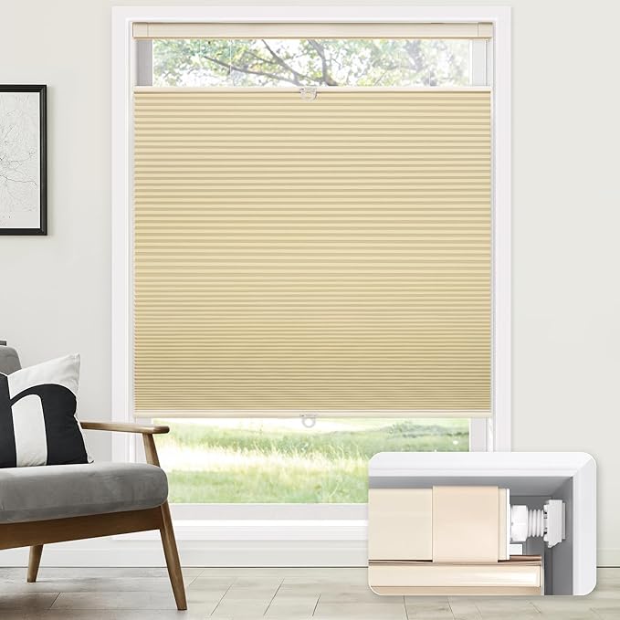 LazBlinds No Tools No Drill Cordless Cellular Shades, Top Down Bottom Up (TDBU) Honeycomb Shades for Home, Blackout Light Blocking Thermal Insulation Blinds for Windows, 27" W x 64" H, Beige