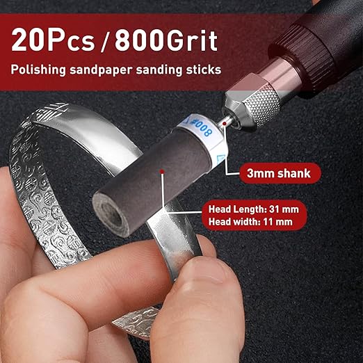 20Pcs 800 Grit Sanding Drums Sandpaper Sticks Set with 1/8"(3mm) Shank for Dremel Rotary Tool, Suitable for Metal Rust Removal/Jade Polishing/Stone Grinding
