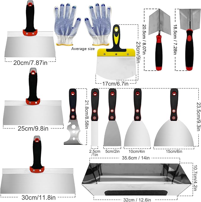 13 Pcs Drywall Knife Set, Putty Knives Kit with Mud Pan, 1????????Spackle Knife, 7????0??2??Taping Knife, 3??Painter Scraper, Inside & Outside Corner Trowel Hand Tools