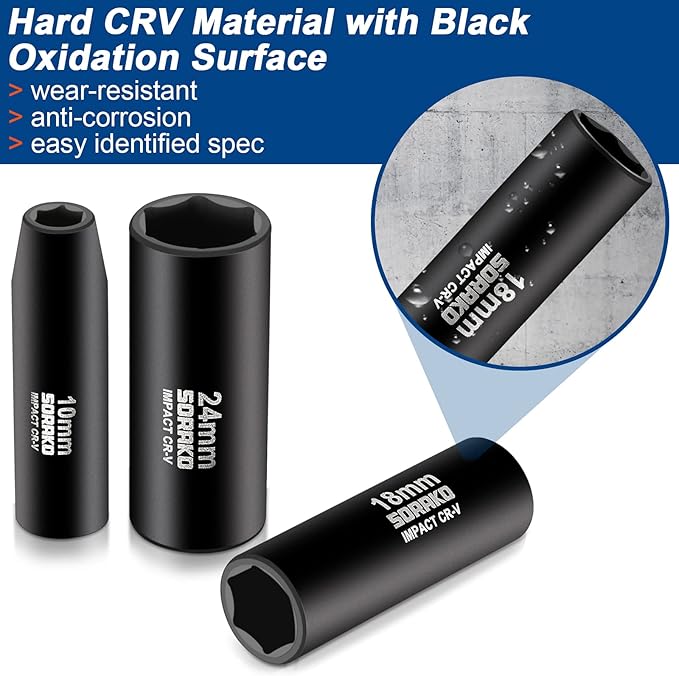 SORAKO 1/2??Impact Socket Set, 16 Piece Metric Deep Socket Set 10-24 mm,Deep Impact Socket Set with Extension Bar & L Handle 6 Point Cr-V Steel Drive Socket Set with Portable Case