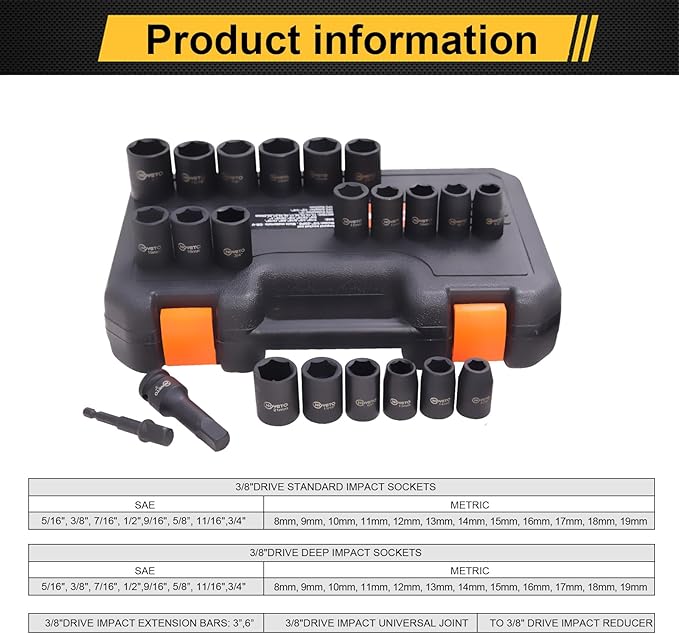 1/2" Drive Impact Socket Set, 23-Piece Metric (13??4mm), 6-Point Cr-V Alloy Steel, with Ratchet Handle & Storage Case ??Rugged Construction for Auto Repair