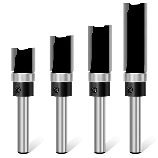 Feanron 4 Pcs Flush Trim Router Bit Set 1/4 Inch Shank, Carbide Tipped Straight Cut Pattern Router Bits Bottom Bearing, Sharp Double Blade Plunge Template Bit Woodworking Tools for Trimming (Black)