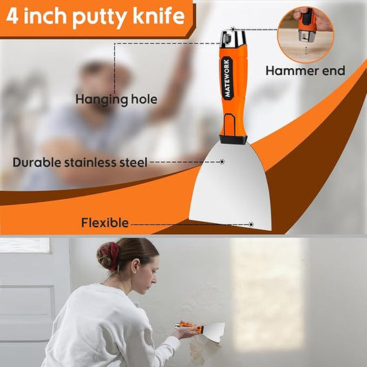 4 Inches Spackle Knife Tools, Putty Scraper, Ergonomic Grip Tapping With Hammer End for Drywall Work