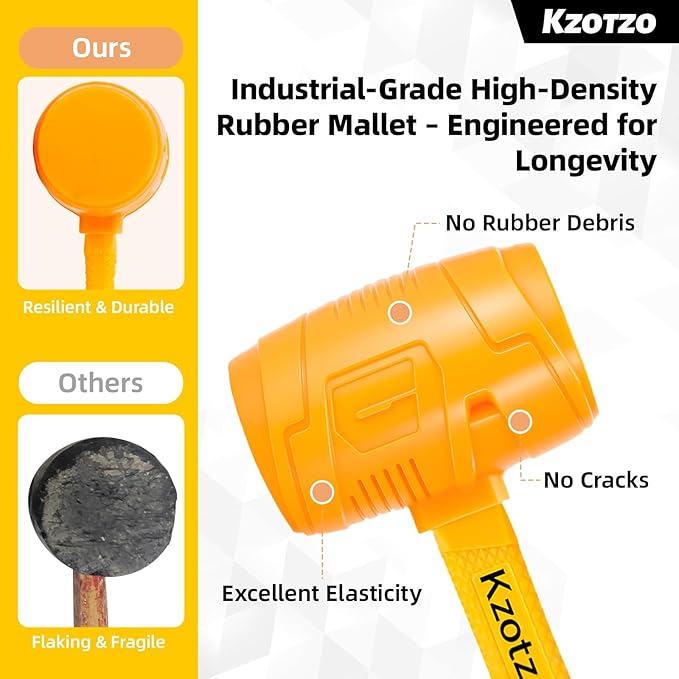 16oz Rubber Mallet Hammer, Fiberglass Handle, Rubber Mallet for Flooring, Tent Stakes, Woodworking, Camping, Soft Blow Tasks without Damage， 2025 upgraded seamless rubber hammer（yellow） (16OZ)
