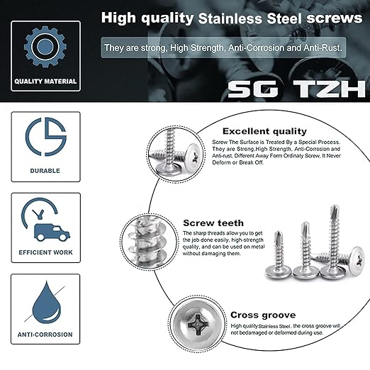 #8 x 2" Sheet Metal Screws 100PCS 410 Stainless Steel Truss Head Fast Self Tapping Screws by SG TZH
