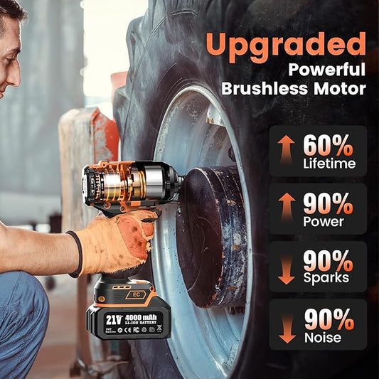 1500N.m Cordless Impact Wrench - 20V Max Brushless 1/2" Impact Gun with 2 x 4.0Ah Batteries & Fast Charger | Removes Stuck Truck Lug Nuts in Seconds | 3-Speed for Auto Repair & Heavy Duty DIY