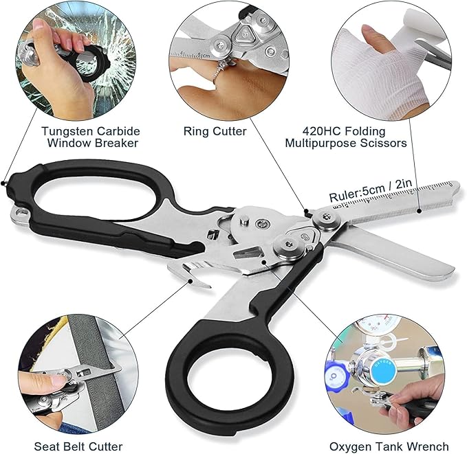 6 In1 Emergency Response Shears, Multifunction Self-luminous Medical Scissors Strap Cutter and Glass Breaker with Compatible Holster (Gold/White)