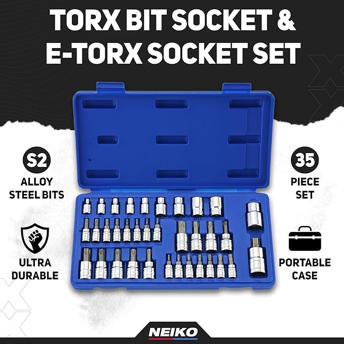 Neiko 10070A Torx Bit Socket and E-Torx Star Socket Set | 35-Piece Set, S2 and Cr-V Steel, 1/4?? 3/8??and 1/2-Inch Drive