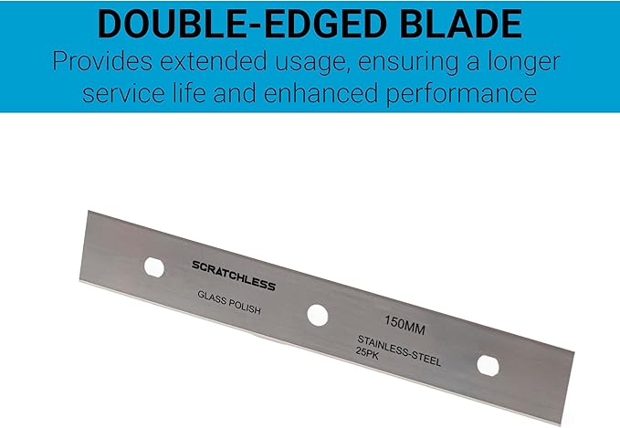 GLASS POLISH 6" (150mm) Pack of 25 Double-Edged Stainless Steel Blades, 0.20mm Laser Sharp Replacement Blades for SCRATCHLESS Scraper or Compatible Models - GP15043