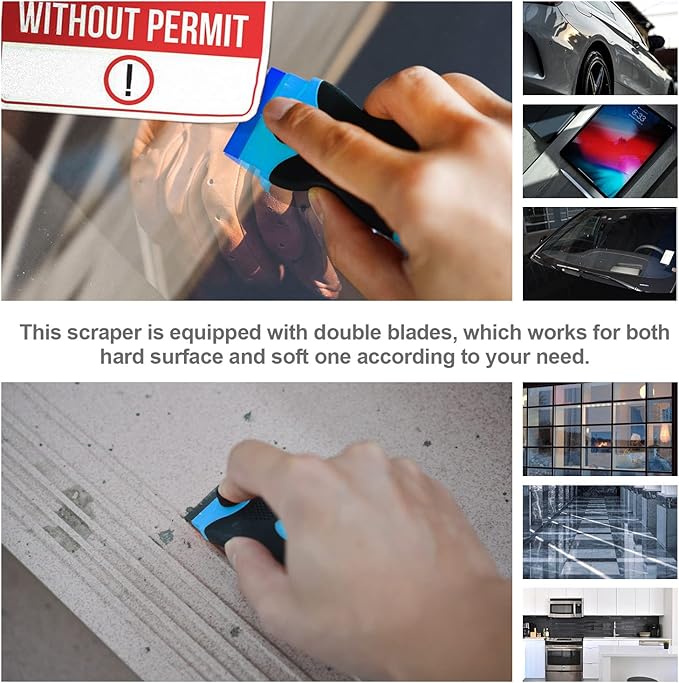 Razor Blade Scraper, Double Edge Razor Scraper Remover Tool with 30 Pcs Razor Blades for Labels Stickers Decals Removal Auto Window Tint Vinyl Tool Application (Blue)