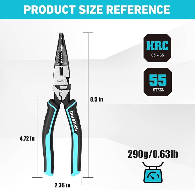 DURATECH 6-in-1 Needle Nose Pliers, 8.5" Multipurpose Long Nose Pliers with Wire Stripper/Crimper/Cutter Function, Heavy Duty Multifunctional Electrician Pliers for Crimping, Stripping, Shearing