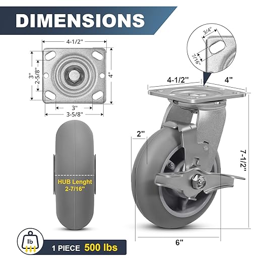 6" x 2" Heavy Duty Casters - 2000 LB Capacity- Thermoplastic Rubber Wheels(Crown Tread)- Caster Wheels for Furniture Platform Trucks Workbench (2 Brake & 2 Swivel)
