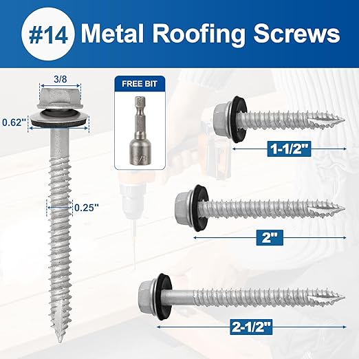 Metal Roofing Screws #14×2-1/2Inch, 320-PCS, Hex Head Rustpert Coating Sheet Metal to Wood Siding Screw with EPDM Rubber Washer, Sharp Point, Hex Socket Included