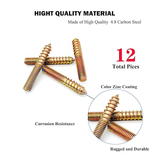 12 Pack 3/8-16" x 2-1/2 Inch Hanger Bolts Double Headed Bolts Wood Dowel Screw Self-Tapping Screw Hanger Bolts for Furniture Screws Threaded Rods Bolt 63.5mm Length