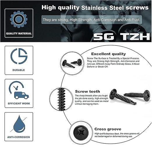 #8 Screws Assortment Set 210Pcs Sheet Metal Screws 410 Stainless Steel Truss Head Fast Self Tapping Screws Black Oxide by SG TZH