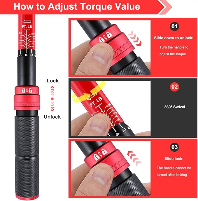 ATsafepro 1/2 Torque Wrench,1/2 Torque Wrench 30-250 Ft Lb(40.7-339.0 Nm) Dual scale,torque wrench 1/2 drive 250 ft-lb Pre-Calibrated Accuracy+-3% - Ideal for Automotive & Heavy Machinery Use
