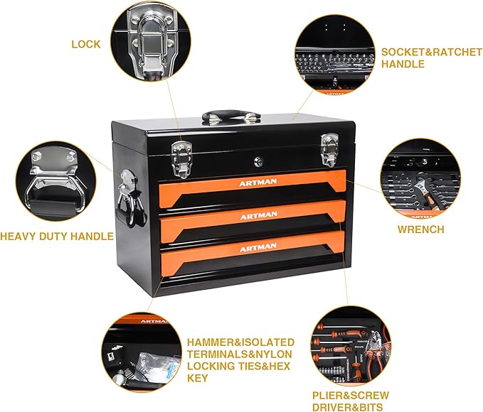 Campfun 439PCS Tool Set, Mechanic Tool Set for Home, Tool Box Set 4-Tier Socket Wrench Ratchet Plier Nails, Home Tool Set Mechanics Kit with 3 Drawers Organizer for Adults Man Handyman, Orange