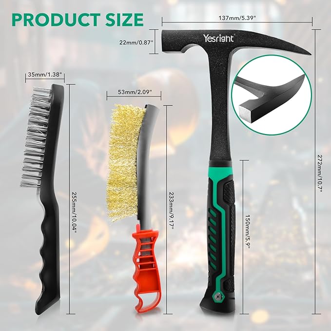 Chipping Hammer, 22oz Welding Chipping Hammer with 2Pcs Steel Wire Brush, Sheet Metal Hammers Slag Removal Tool for Welders Metal Cleaning Workshop & DIY Projects