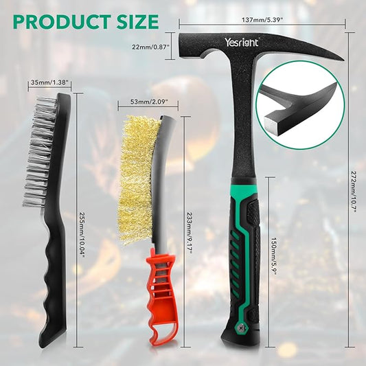 Chipping Hammer, 22oz Welding Chipping Hammer with 2Pcs Steel Wire Brush, Sheet Metal Hammers Slag Removal Tool for Welders Metal Cleaning Workshop & DIY Projects