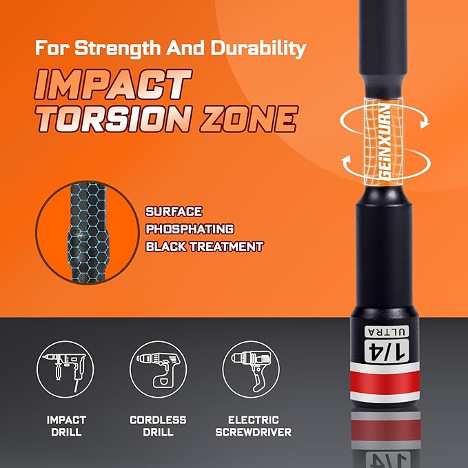 Impact Nut Driver Set, 10 Pieces 6?쒵ong 1/4?? Point Alloy Steel Magnetic SAE Nut Setter Set Use For Require Installing 1/4 Hex Shank Impact Driver with Case Box