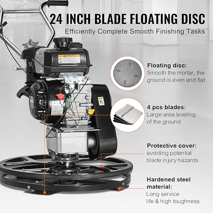 VEVOR Power Trowel, 24??Walk-Behind Cement Trowel with Float Pan, 6HP Gas-Powered Smooth Concrete Surface Finisher, Heavy Duty Commercial Screed Concrete Cement with Finishing Blade