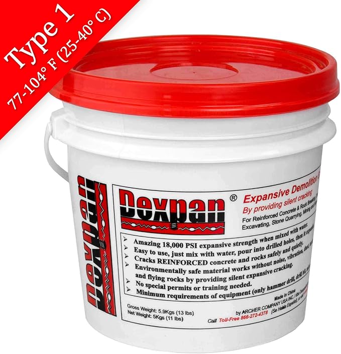 Expansive Demolition Grout 11 Lb. Bucket for Rock Breaking, Concrete Cutting, Excavating. Alternative to Demolition Jack Hammer Breaker, Jackhammer, Concrete Saw, Rock Drill (Type 1, 77-104째 F)
