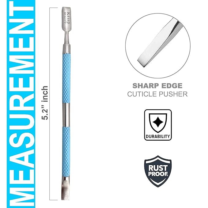 Cuticle Pusher Tool - Dual Sided Sharp Edge Spoon Shaped Double Ended Cuticle Pusher Remover Cuticle Cleaner Stainless Steel Manicure Pedicure Nail Art Care Tools Set 1 Pc By Krisp Beauty (Blue)