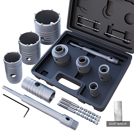 GSTK 10pcs Concrete Hole Saw Set （30mm 40mm 50mm 65mm） with SDS Plus Shank Connecting Rod and 5pcs Dust Catchers, Concrete Hole Saw Kit for Concrete|Cement|Brick Stone|Wall.