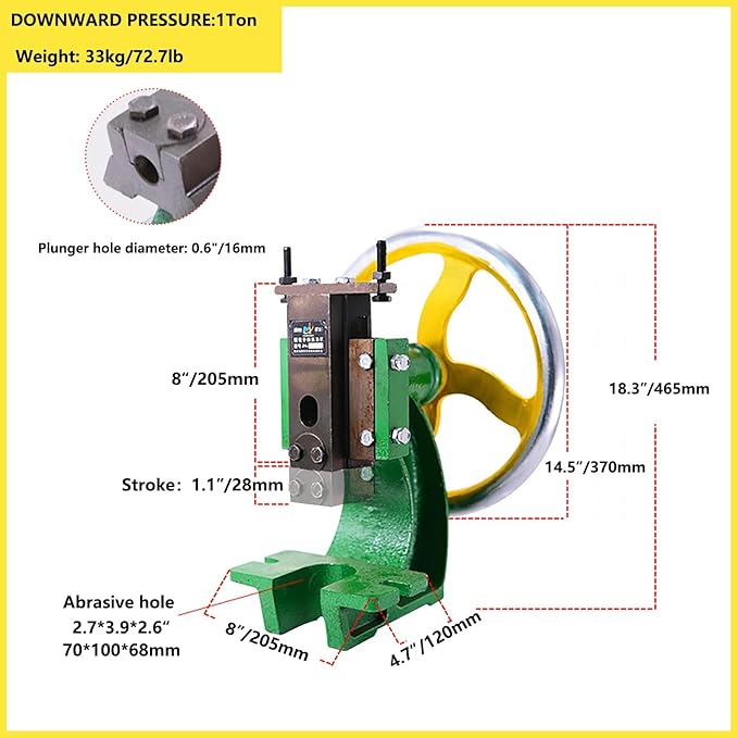 Precision Bench-top Cast Iron Arbor Press,Heavy-duty Handwheel Press With 1.2 Tons Of Pressure, For Stamping, Bending, Extruding, Riveting, Punching, Forming And Other Press-fitting Work(1ton)