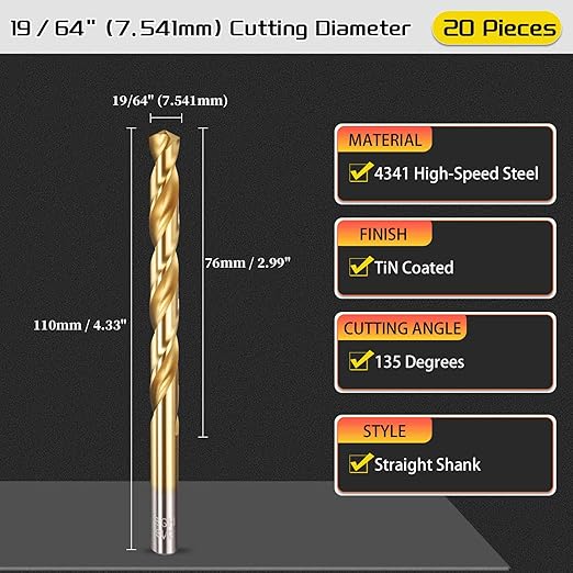 Drill Bit, 19/64" Cutting Diameter, 4341 HSS Jobber Bits TiN Coated 135° Cutting Angle - (Applications: for Drilling Soft Metal Plastic Wood), 20-Pieces