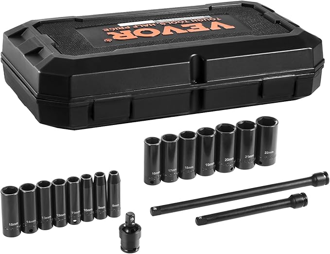 VEVOR Drive Impact Socket Set 3/8" - 18 Piece Deep Socket Set Metric 8-22mm - 6 Point CR-V Alloy Steel for Auto Repair - Easy-to-Read Size Markings - Rugged Construction Includes Storage Case