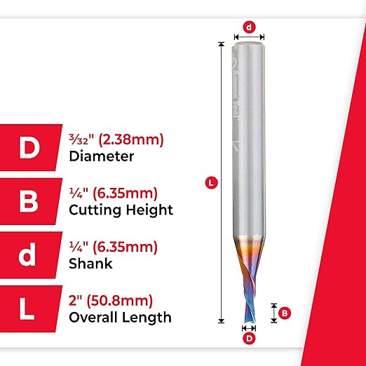 Amana Tool Solid Carbide Spektra Extreme Tool Life Spiral Plunge Router Bit Down-Cut, 46244-K, 3/32 Dia x 1/4 CH x 1/4 Shank 2 Inch L