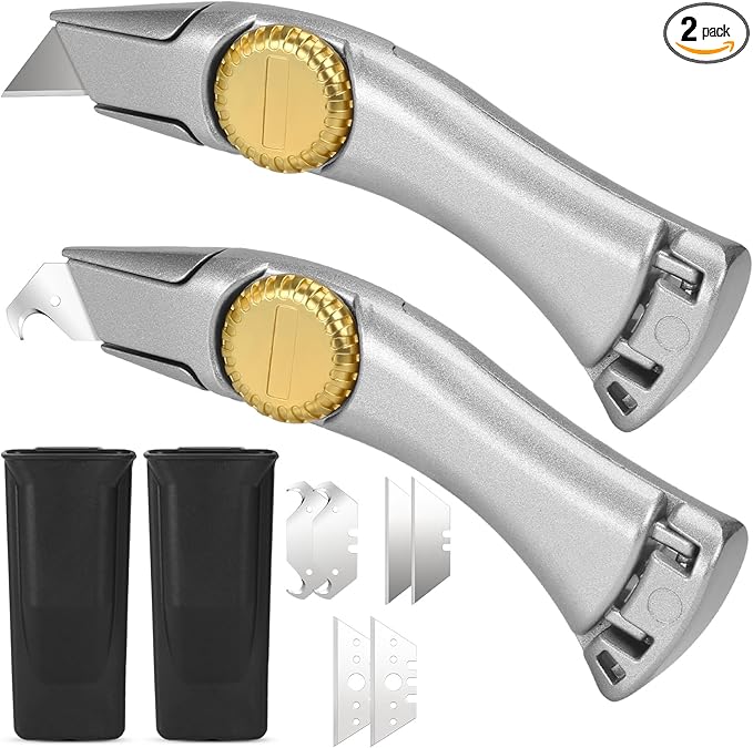 2PCS Silver Fixed Blade Roofing Knife Utility Knife with 3 functions for 6 blades Box Cutter with Holster Belt Clip Roofing Tools for Carpet, Outdoor Indoor Construction Marking