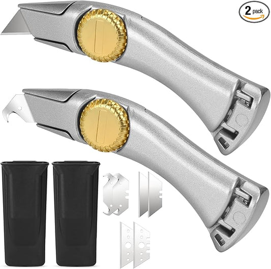 2PCS Silver Fixed Blade Roofing Knife Utility Knife with 3 functions for 6 blades Box Cutter with Holster Belt Clip Roofing Tools for Carpet, Outdoor Indoor Construction Marking