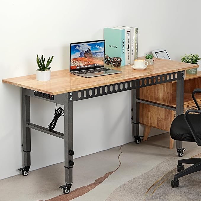 54.3 "Adjustable Workbench with Power Outlet, Heavy Duty 2000 LBS Load Capacity Hardwood Workbench Suitable for Workshop, Office, Garage, Home (Metal Wheels訝쭾ower Outlets 54.3"x21.6")