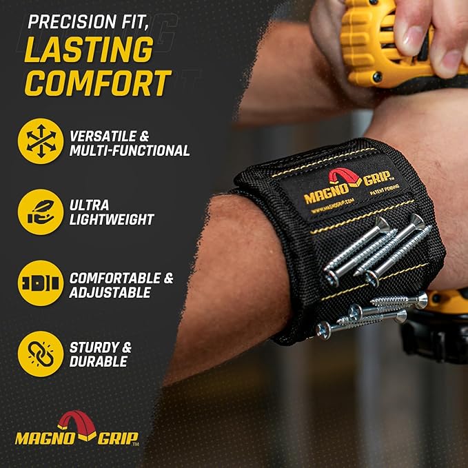 MagnoGrip Magnetic Wristband for Holding Screws, Nails, Drill Bits, Super Strong Magnets, Adjustable Strap, Essential Tool for DIYers, Handyman, Mechanics, Construction & Home Improvement - Black