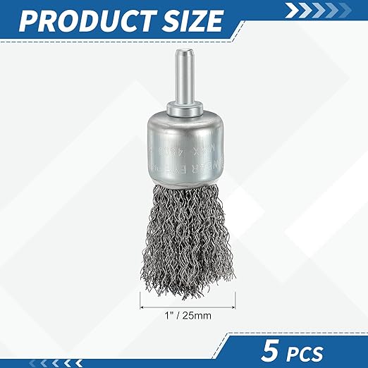 Wire Brush for Drill (1"/25mm) 5Pack, Crimping Steel Wire 0.012" (Carbon Steel) Wire Brush Drill Attachment with 1/4" Round Shank - for Rust, Cleaning, Deburring on Cast Iron