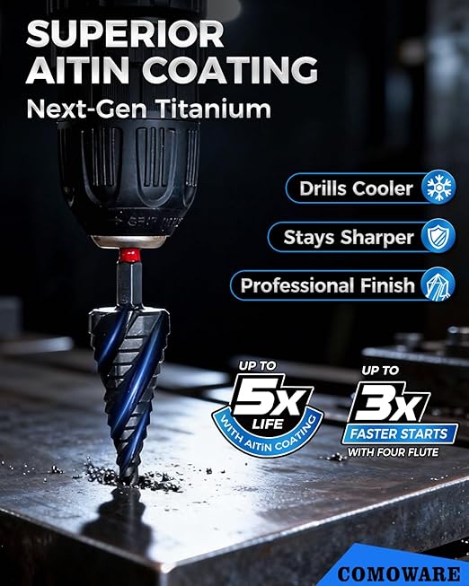COMOWARE Step Drill Bit Set, 1/8"~1-3/8" 5PCS Four Spiral Flute Step Drill Bits for Metal, AlTIN Coated Step Bit with 1/4" Hex Shank for Metal, Stainless Steel, Aluminum, Wood, Plastic