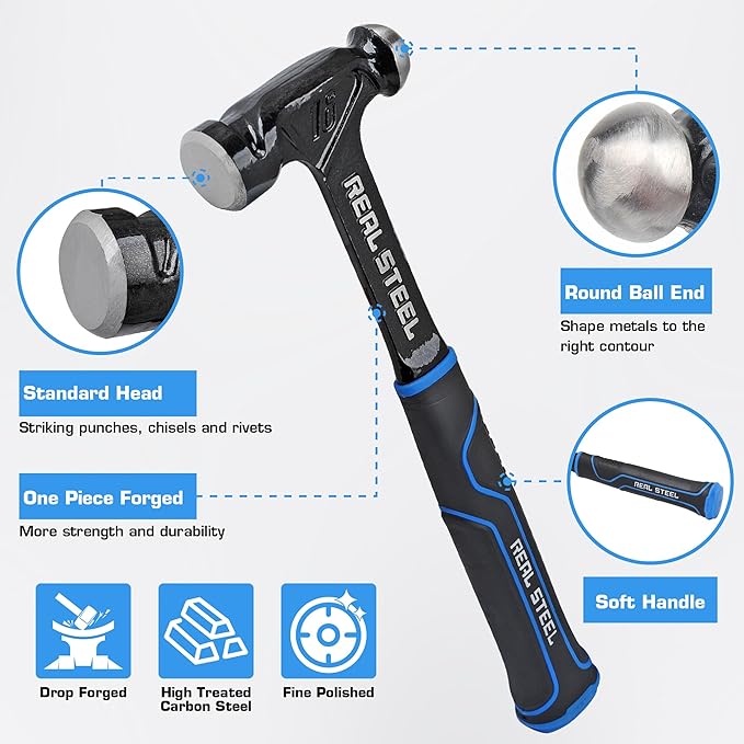 Real Steel Ball Peen Hammer 24 Oz, One Piece Forged Metalworking Tool Ball Pein Hammer r 0519