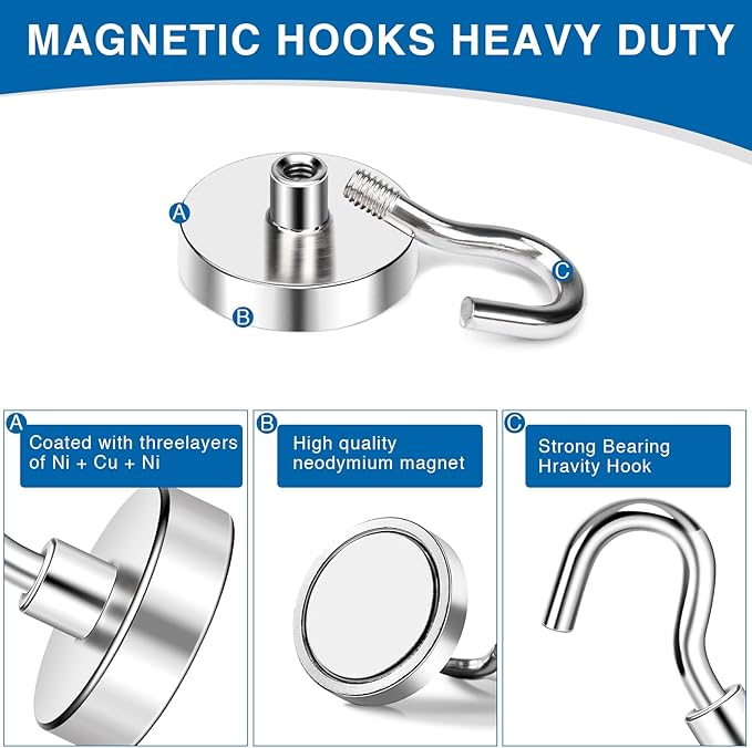LOVIMAG Strong Magnetic Hooks, 50LBS Neodymium Magnets with Hooks Magnetic Hooks Cruise for Refrigerator, Powerful Magnet Hooks Magnetic Hanger for Hanging, Grill, Locker,Kitchen, Metal Door-12 Pack