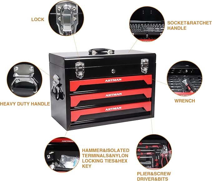 Campfun 439PCS Tool Set, Mechanic Tool Set for Home, Tool Box Set 4-Tier Socket Wrench Ratchet Plier Nails, Home Tool Set Mechanics Kit with 3 Drawers Organizer for Adults Man Handyman, Red