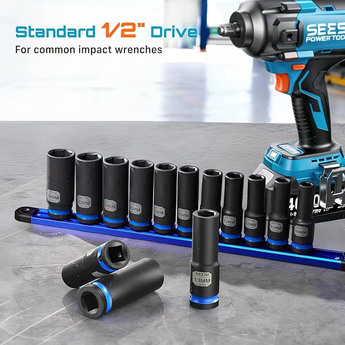 SEESII CR-MO 1/2" Drive Impact Socket Set with Magnetic Organizer, 11pc Deep Metric (10-24mm), 6-Point for Impact Wrench & Ratchet, Professional for Lug Nut, Wheel & Suspension Repair