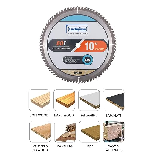 Luckyway 10 Inch Table/Miter Saw Blade 80T Ultra Finish Wood Cutting with 5/8 Inch Arbor TCT (Tungsten Carbide Tipped) Saw Blade for Cutting Wood