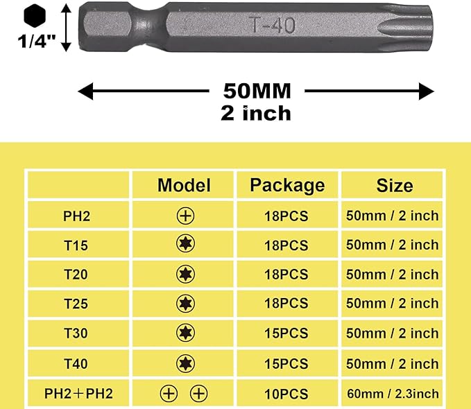 15pcs T40 Impact Driver Bits 50mm Impact Bit 1/4" Hex Shank S2 Drill Screwdriver Bit for Electronics Appliances and Automotive Repair