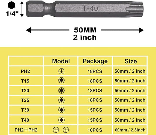 15pcs T40 Impact Driver Bits 50mm Impact Bit 1/4" Hex Shank S2 Drill Screwdriver Bit for Electronics Appliances and Automotive Repair