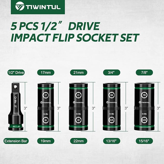 1/2" Lug Nut Socket Set, 5Pcs Impact Flip Socket Set, CR-MO Steel, 6-Point, Double Ended Thin Wall Wheel Socket Set with Extension Bar, Metric 17-19 21-22 mm & SAE 3/4"-13/16", 7/8"-15/16"
